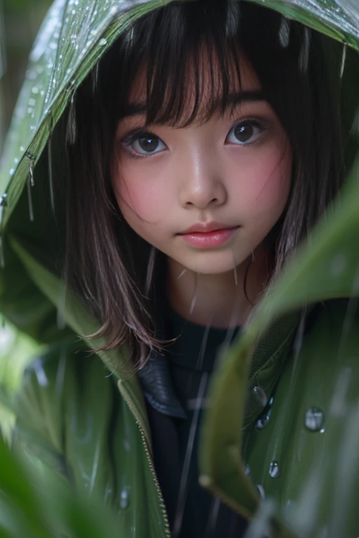 Ultra High Resolution, (Realistic: 1.4), RAW Photo, Best Quality, (Photorealistic), Focus, Soft Light, ((15 years old)), ((Japanese)), (Front, Young Face))), (Depth of Field), (One Piece), Masterpiece, (Photoreal), Woman, Bangs, (( Heavy rain, fog, wet, tr...