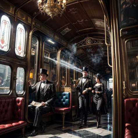 (best quality,4k,8k,highres,masterpiece:1.2),ultra-detailed,(realistic,photorealistic,photo-realistic:1.37),steam punk,a luxurious Train Station,spotlessly clean,several steam punk entertainment gadgets are present,golden steam-powered machines,exquisite c...