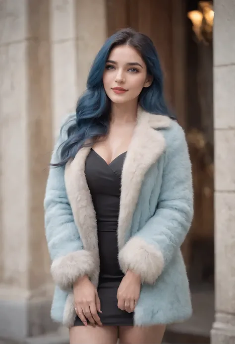 Realistic, high definition, good quality photo, young woman of 23 years old, very beautiful, large breasts, blurred background, in front of the door of a building in Paris, she looks at the camera, she is smiling and very cute, she is wearing a Russian fur...