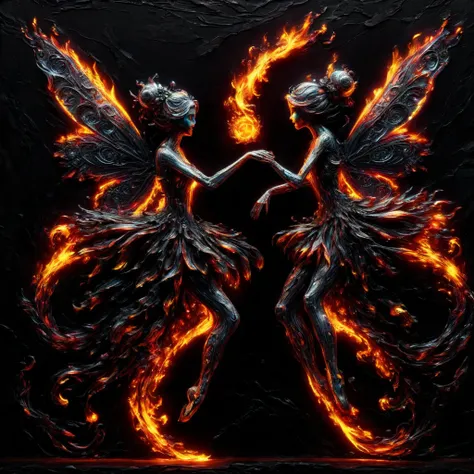 High Resolution, High Quality, Masterpiece. Fairies dancing, holding hands created using fire sparkle art technique, against an all-black background, neon ambiance, abstract black oil texture, gear mecha elements, acrylic detail, grunge aesthetics, intrica...