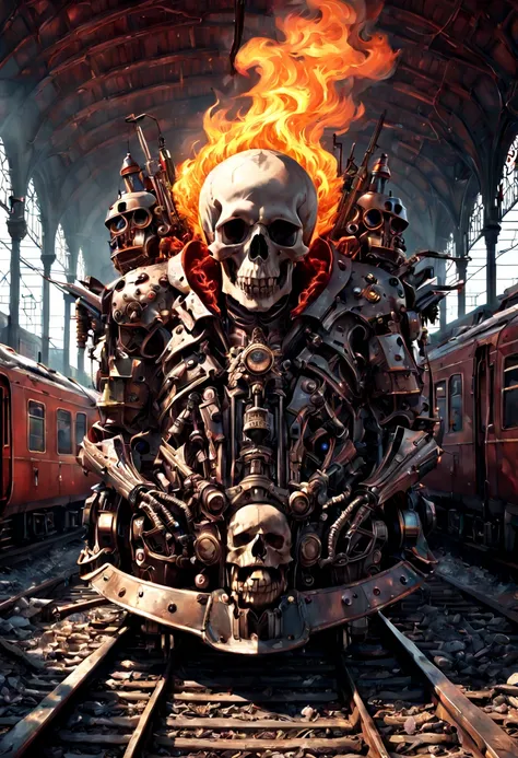 Train Station, aesthetic, HUMAN SKULL FLAMES TRAIN!!!! epic long hyperdetailed SKULL train on fire!!! EXPLOSION, HIGH FLAMeS, WRECK, hyperdetailed photorealistic matte painting 8k resolution concept art, intricate, ornate, by Mathias Kollros, Darek Zabrock...