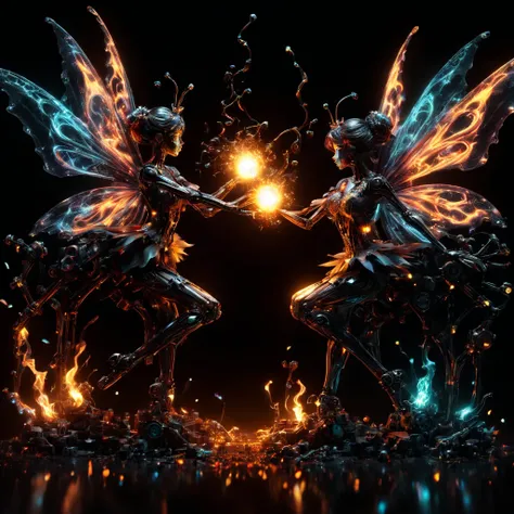 High Resolution, High Quality, Masterpiece. Fairies dancing, holding hands created using fire sparkle art technique, against an all-black background, neon ambiance, abstract black oil texture, gear mecha elements, acrylic detail, grunge aesthetics, intrica...