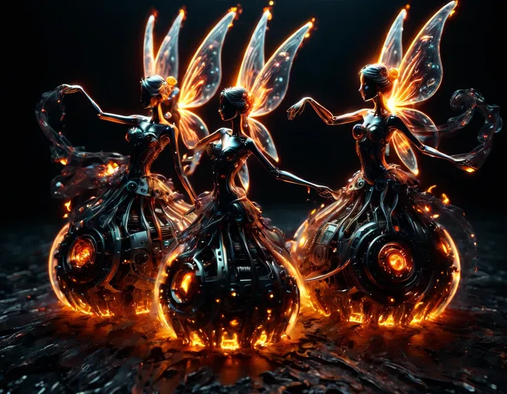 High Resolution, High Quality, Masterpiece. Fairies dancing, holding hands created using fire sparkle art technique, against an all-black background, neon ambiance, abstract black oil texture, gear mecha elements, acrylic detail, grunge aesthetics, intrica...