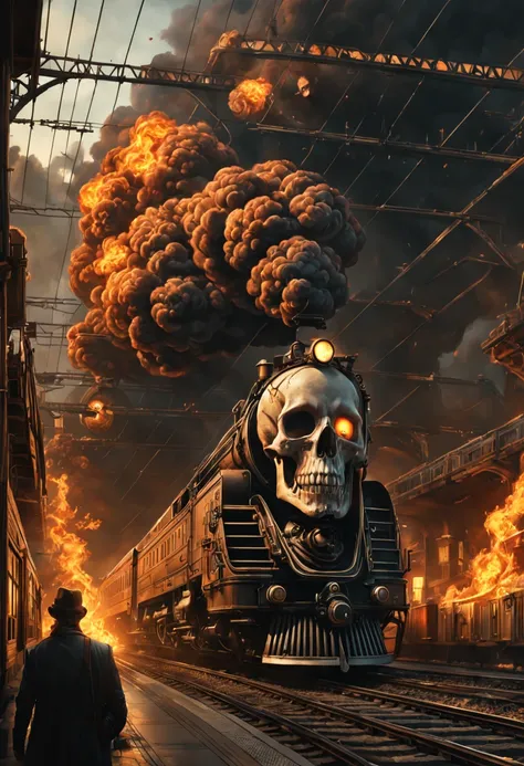 Train Station, aesthetic, HUMAN SKULL FLAMES TRAIN!!!! epic long hyperdetailed SKULL train on fire!!! EXPLOSION, HIGH FLAMeS, WRECK, hyperdetailed photorealistic matte painting 8k resolution concept art, intricate, ornate, by Mathias Kollros, Darek Zabrock...