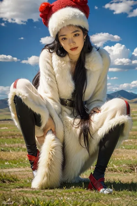 masterpiece, highest quality, a girl wearing mongolian national costume stands on the mongolian steppe., ((the background is the...