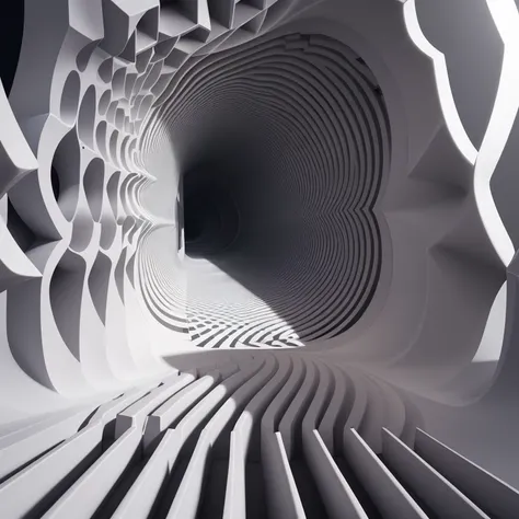 (highest quality,8K,High resolution),super detailed, unrealistic、3D、three-dimensional, (Optical Illusions)、optical illusion、many cubes of different sizes、black and white、Interaction of light and shadow、spiral、undulating tunnel、depth、Light