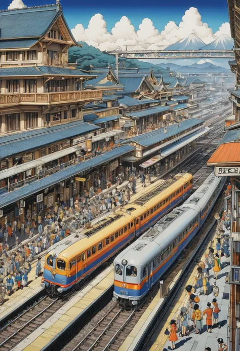 Train Station by Osamu Tezuka, best quality, masterpiece, Representative work, official art, Professional, Ultra intricate detailed, 8k