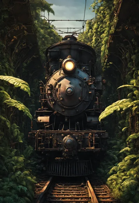 Train Station, aesthetic, steampunk derelict trains, railroads, stacked on top of each other in the jungle, covered with vines, plants, cogs, gears; epic lighting, cinematic, brilliant, stunning, intricate, meticulous, dramatic, atmospheric, maximalist, di...