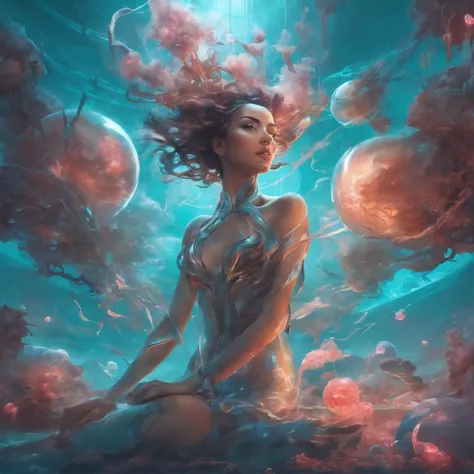 ModelShooting style, (чрезвычайно подробные обои CG Unity 8k), Chaotic storm of complex liquid smoke in the head, Stylized abstract portrait of beauty in full body, wet skin, Petros Afshar, Ross Tran, Tom Whalen, Peter Mohrbacher, type of microbe, Broken g...