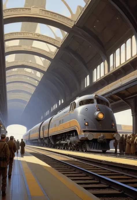 Train Station by Ralph McQuarrie, best quality, masterpiece, Representative work, official art, Professional, Ultra intricate detailed, 8k