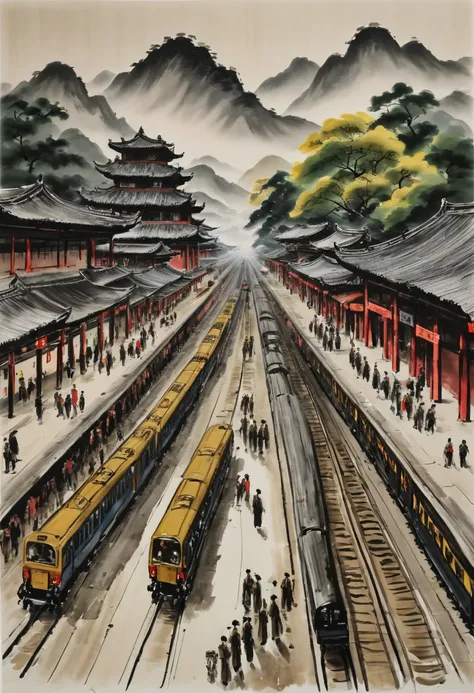 Train Station by Qi Baishi, best quality, masterpiece, Representative work, official art, Professional, Ultra intricate detailed, 8k