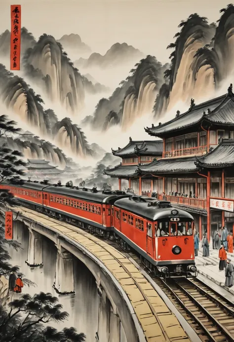 Train Station by Qi Baishi, best quality, masterpiece, Representative work, official art, Professional, Ultra intricate detailed, 8k