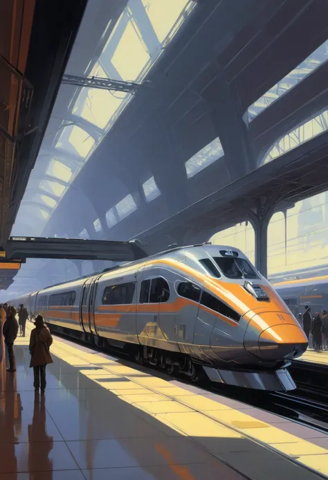 Train Station by Syd Mead, best quality, masterpiece, Representative work, official art, Professional, Ultra intricate detailed, 8k