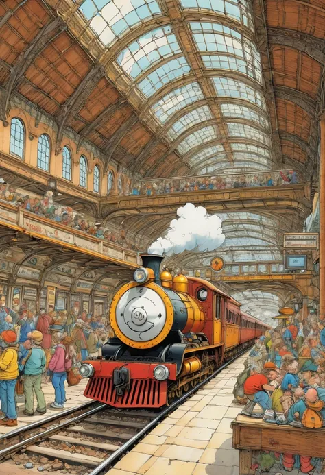 Train Station by Sergio Aragones, best quality, masterpiece, Representative work, official art, Professional, Ultra intricate detailed, 8k