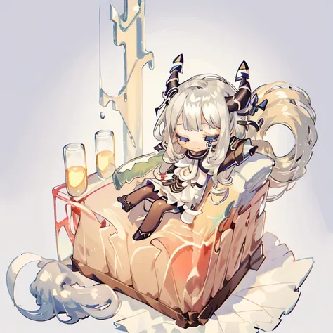 1 girl,silver hair,straight face,calm,chibi character,sleepy,curl up,whole body,background through,cute,It has two horns,
