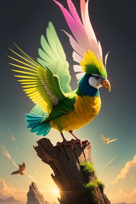 "A creative image of a yellow-green, pastel, magical bird"