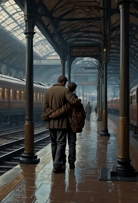 love story, father and son, Train Station, (best quality, masterpiece, Representative work, official art, Professional, Ultra intricate detailed, 8k:1.3)