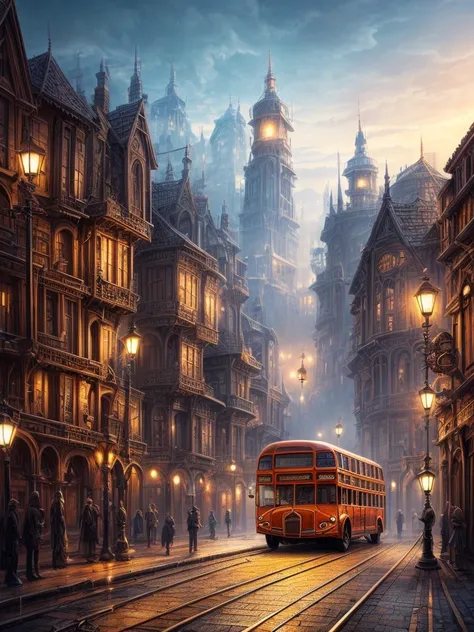 
       Victorian Aesthetics and Steampunk City Station Bus Crowd Fantasy Movie Scene Lively City Atmosphere Fog Mysterious Lighting Complex and Detailed Architecture, Bustling streets super detailed,Clear pattern, artwork,masterpiece,Master-produced photo...