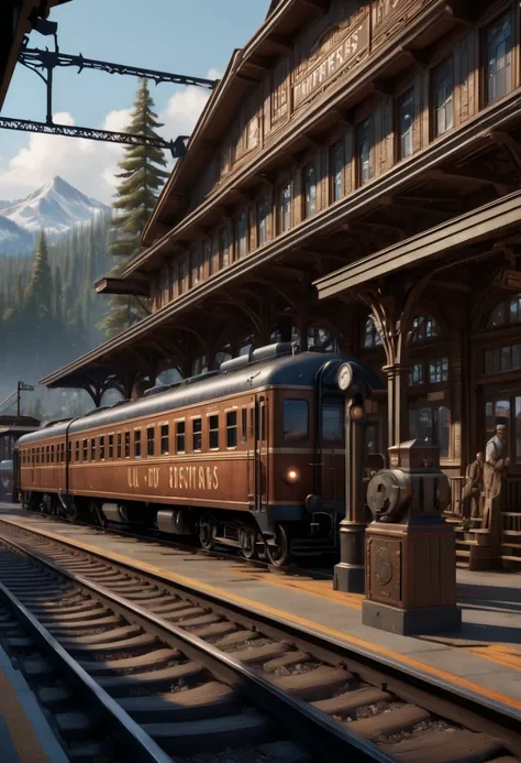 Train Station, American Wilderness, (best quality, masterpiece, Representative work, official art, Professional, Ultra intricate detailed, 8k:1.3)