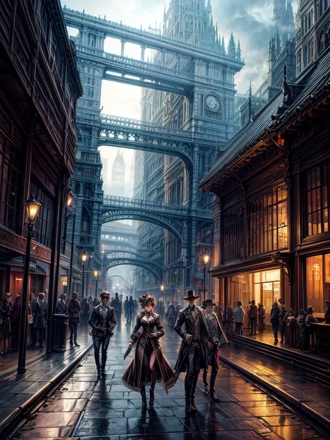 
       Victorian Aesthetics and Steampunk City Station Bus Crowd Fantasy Movie Scene Lively City Atmosphere Fog Mysterious Lighting Complex and Detailed Architecture, Bustling streets super detailed,Clear pattern, artwork,masterpiece,Master-produced photo...