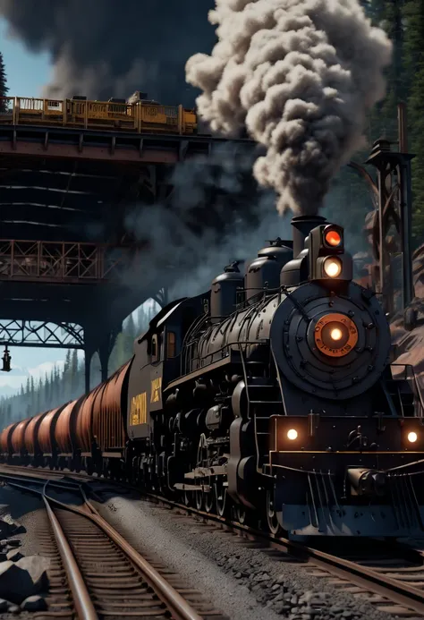 Train Station, American Wilderness, Freight train with coal, unload, (best quality, masterpiece, Representative work, official art, Professional, Ultra intricate detailed, 8k:1.3)