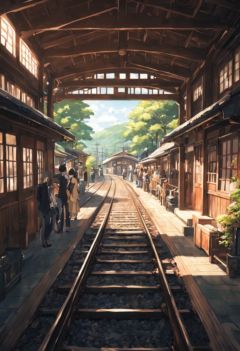 Japanese style wooden station railway train traveler japanese country station、Scene crowd best quality beautiful anime scenes, The perfect composition and beautiful texture of anime scenery