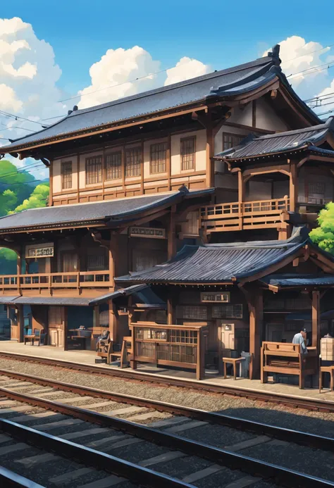 Japanese style wooden station exterior architecture railway train traveler japanese country station、Scene crowd best quality beautiful anime scenes, The perfect composition and beautiful texture of anime scenery