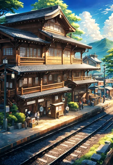 traveler japanese wooden station appearance building railway train traveler japanese country station、scene crowd best quality be...