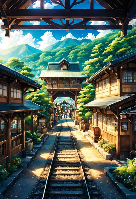 traveler japanese wooden station appearance building railway train traveler japanese country station、scene crowd best quality be...