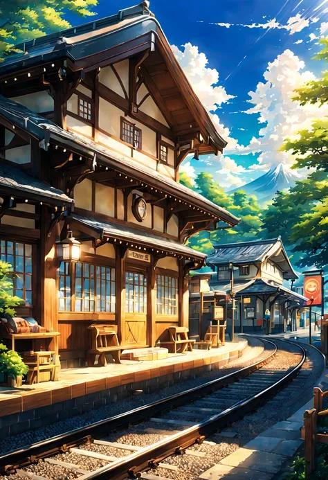 Traveler Japanese wooden station appearance building railway train Traveler Japanese country station、Scene crowd best quality beautiful anime scenes, The perfect composition and beautiful texture of anime scenery