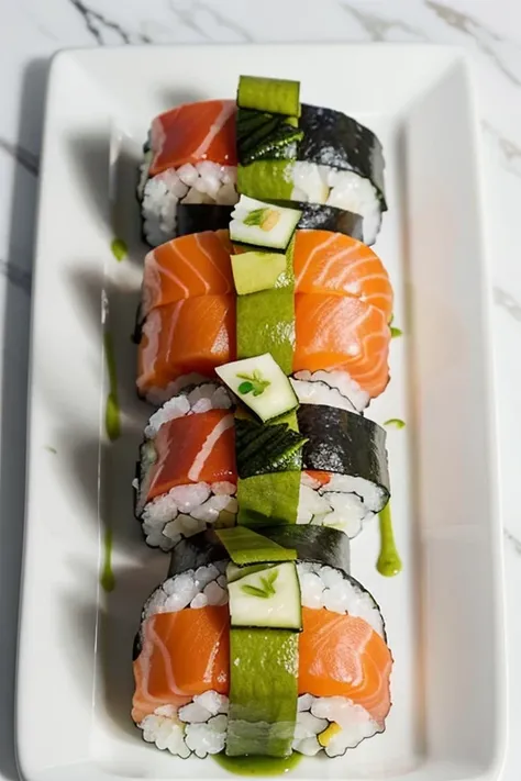 "Colorful Sushi Rolls with Fresh Vegetables and Seafood"