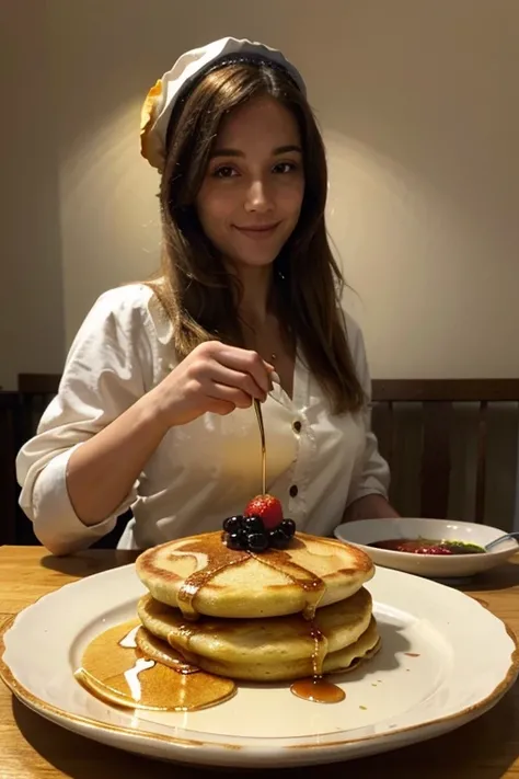 "Delightful Morning: A Smiling Waitress Serving a Stack of Pancakes"