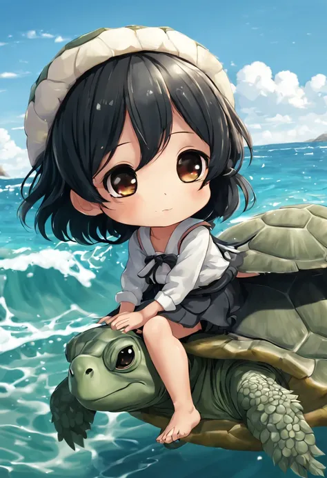 Anime chibi black hair girl, sitting on the back of a turtle, at the sea