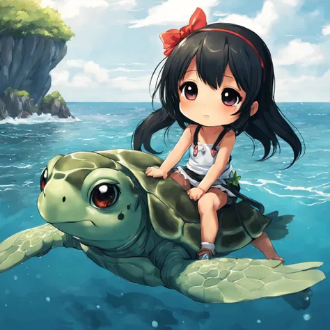 Anime chibi black hair girl, sitting on the back of a turtle, at the sea