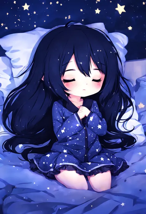 Anime chibi black hair girl, sleeping, starry black night outfit, night time, bedroom