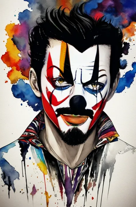 painting of a clown with a black and white face, Sylvia Pelissero watercolors, tumbler, abstract art, Intense watercolor painting, watercolor detailed art, Watercolor Splash, surreal, Avant-garde pop art, Beautiful and expressive paintings, Beautiful artwo...