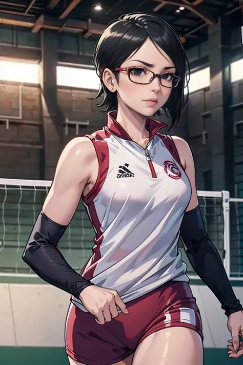 ((1girl, solo ,alone, sarada uchiha, short hair, ((smug, ((black eyes)), glasses, small breasts)), uchiha sarada)), ((solo, 1wom...