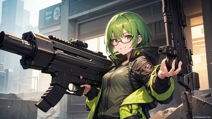 1 person, Tactical Jacket, tactical clothing, green hair, smile, anime, cyber punk, machine gun, Glasses, male, battle, Assault Rifle QBZ, Tactical gear, Rifle in hand, shoot a gun, fierce battle, skin fang, short hair, Hyperrealism, Realism, motion lines,...