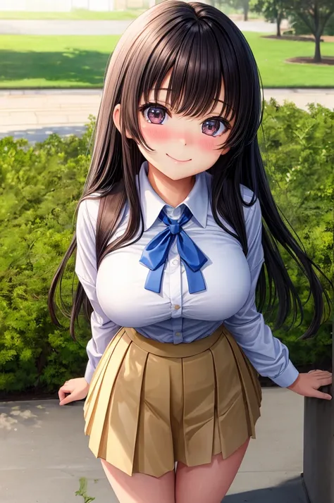 masterpiece, best quality, high resolution, extremely absurdres background, a girl, (cute face, kawaii:1.4), lustrous skin, lustrous hair, long hair, large breasts, school uniform, mini skirt, smile, bangs, blush, looking at the camera, cinematic lighting,...