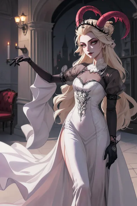 (Lilith:1.2), (grey/gray skin, grey sclera, long blonde hair, white iris, demon horns, makeup), (DefaultOutfit:1.2), (long dress, sleeves, gloves, black dress:1.5), (castle, inside a castle, Victorian theme), (realistic:1.2), (masterpiece:1.2), (full-body-...