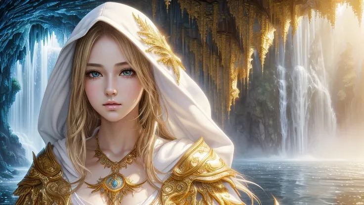 (masterpiece, top quality, best quality, official art, beautiful and aesthetic:1.2), (1girl), extreme detailed eyes, (fractal art:1.3), colorful, highest detailed, (perfect face), shiny skin, HDR, (white cloak golden lines:1.2), waterfall background, misty...