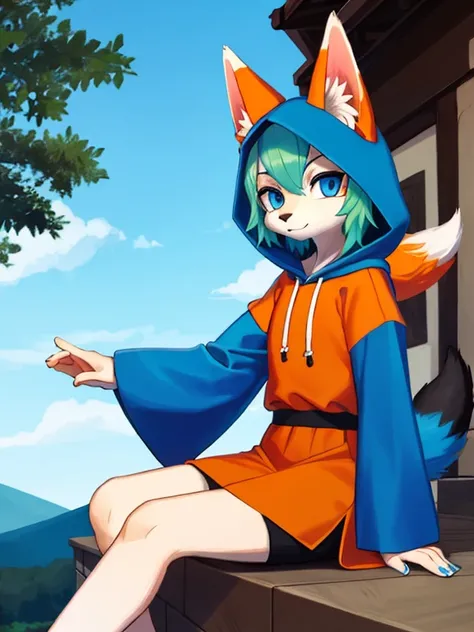 1. A girl wearing a blue hooded short sleeve shirt, orange and white fox fur tail, black, and blue eyes in an outdoor setting, with a green hair and zorro, peludo, zorro, pelague naranja y blanco, human, blue eyes, green hair, orange and white fox fur tail...