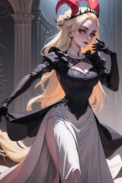 (Lilith:1.2), (grey/gray skin, grey sclera, long blonde hair, white iris, demon horns, makeup), (DefaultOutfit:1.2), (long dress, sleeves, gloves, black dress:1.5), (castle, inside a castle, Victorian theme), (realistic:1.2), (masterpiece:1.2), (upper-body...