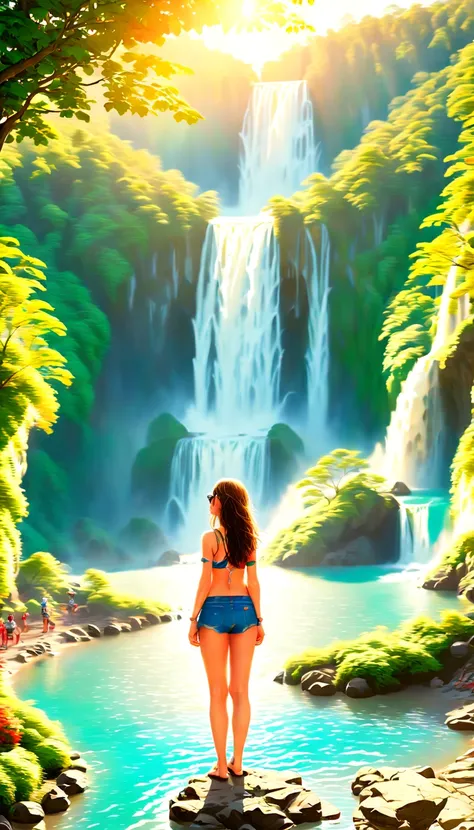 1girl，beautiful girl，Wearing colorful denim sportswear，((big waterFall:1.8))，(big waterFall under the sunset)、((A girl looking up at the waterfall from directly below it))，ethereal beauty，(anatomically correct，perfect body proportions，The character ratio i...