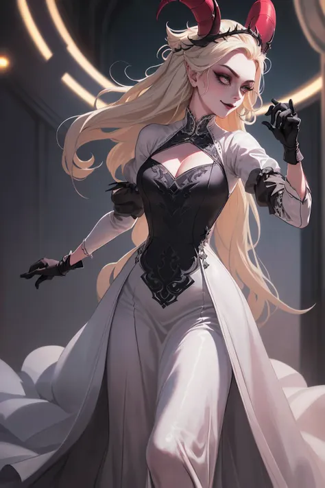 (Lilith:1.2), (grey/gray skin, grey sclera, long blonde hair, white iris, demon horns, makeup), (DefaultOutfit:1.2), (long dress, sleeves, gloves, black dress:1.5), (castle, inside a castle, Victorian theme), (realistic:1.2), (masterpiece:1.2), (upper-body...