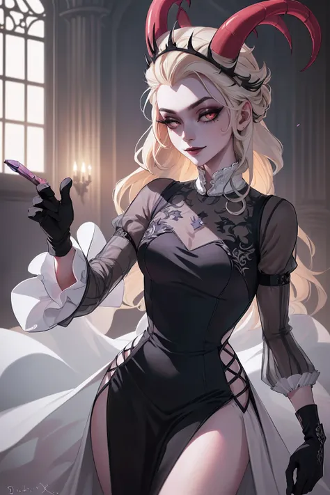 (Lilith:1.2), (grey/gray skin, grey sclera, long blonde hair, white iris, demon horns, makeup), (DefaultOutfit:1.2), (long dress, sleeves, gloves, black dress:1.5), (castle, inside a castle, Victorian theme), (realistic:1.2), (masterpiece:1.2), (upper-body...