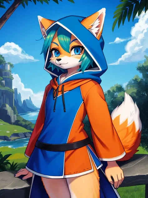 1. A girl wearing a blue hooded short sleeve shirt, orange and white fox fur tail, black, and blue eyes in an outdoor setting, with a green hair and zorro, peludo, zorro, pelague naranja y blanco, human, blue eyes, green hair, orange and white fox fur tail...