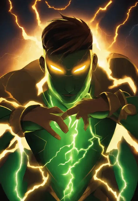 make a character surrounded by lightning and thunder with a ben 10 symbol on the chest