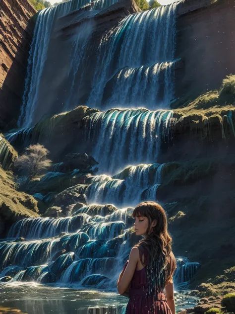 1girl，beautiful girl，Wearing colorful denim sportswear，((big waterFall:1.8))，(big waterFall under the sunset)、((A girl looking up at the waterfall from directly below it))，ethereal beauty，(anatomically correct，perfect body proportions，The character ratio i...