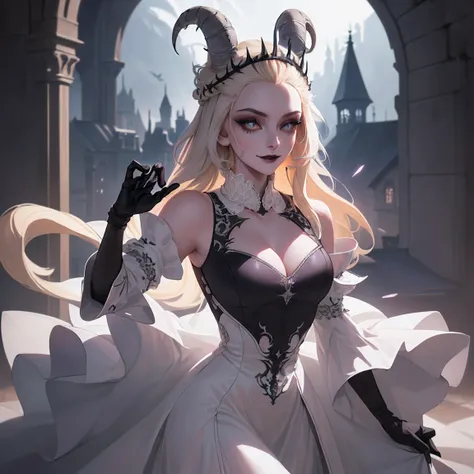 (Lilith:1.2), (grey/gray skin, grey sclera, long blonde hair, white iris, demon horns, makeup), (DefaultOutfit:1.2), (long dress, sleeves, gloves, black dress:1.5), (castle, inside a castle, Victorian theme), (realistic:1.2), (masterpiece:1.2), (upper-body...